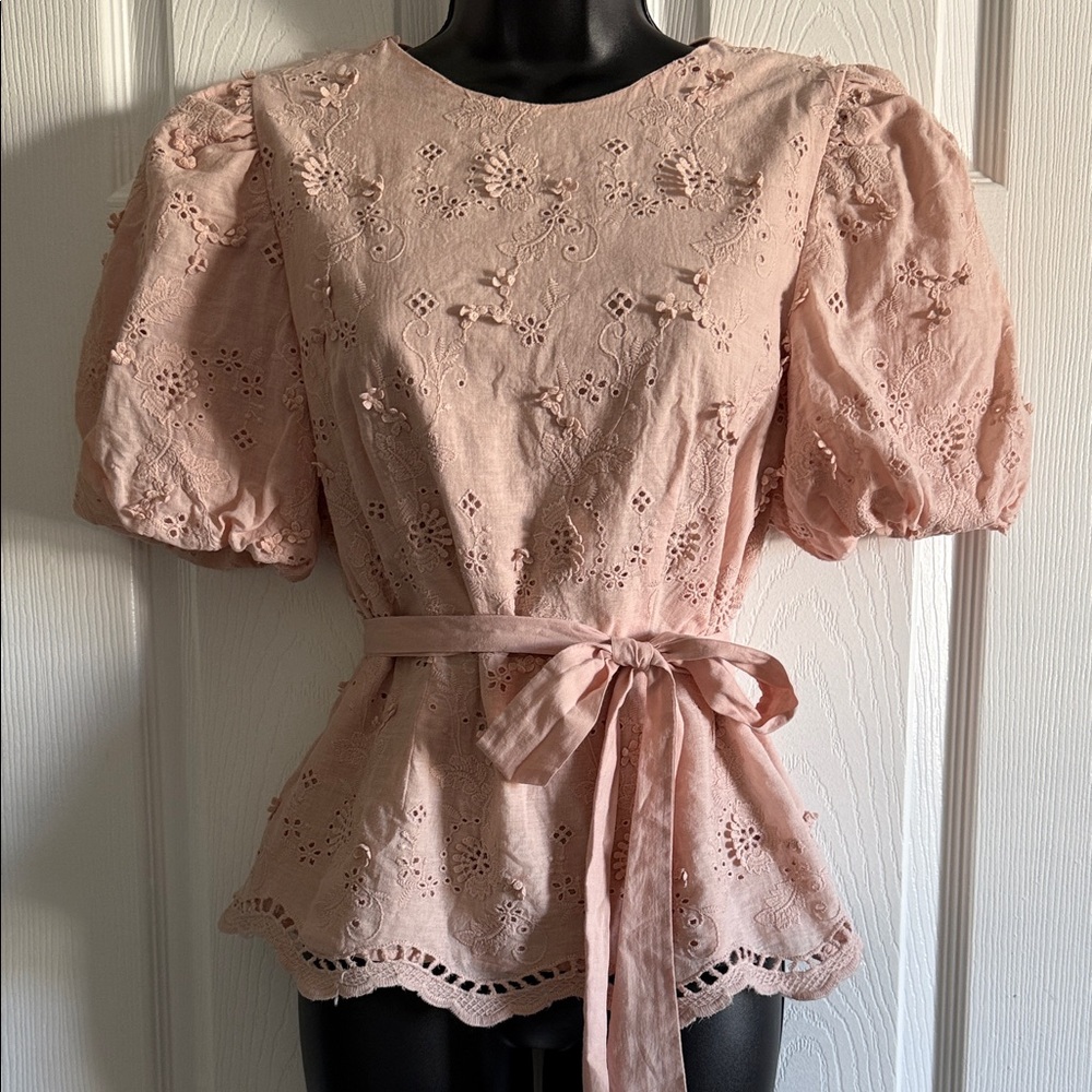 Eyelet Puff-Sleeve Tie-Waist Blouse in Blush Pink